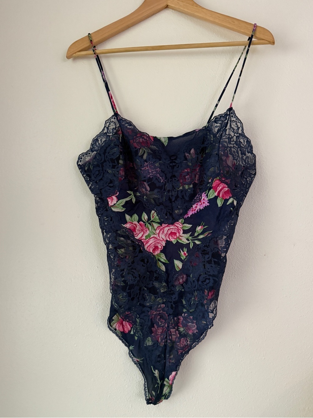 Vassarette Lace Nylon Teddie Bodysuit Blue Floral Size M